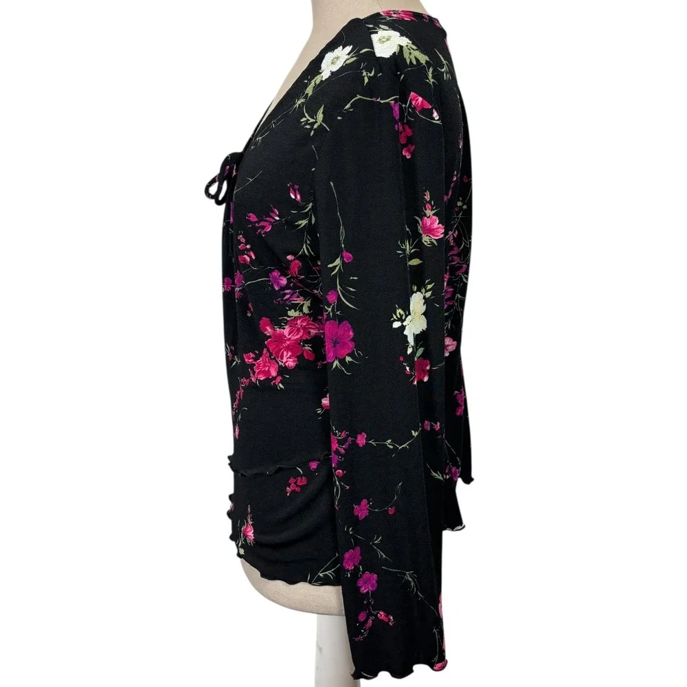 Vtg Black Floral Long Sleeve Top V-Neck Tie Front Lettuce Edge Sz 12 Y2K Goth - Picture 4 of 6